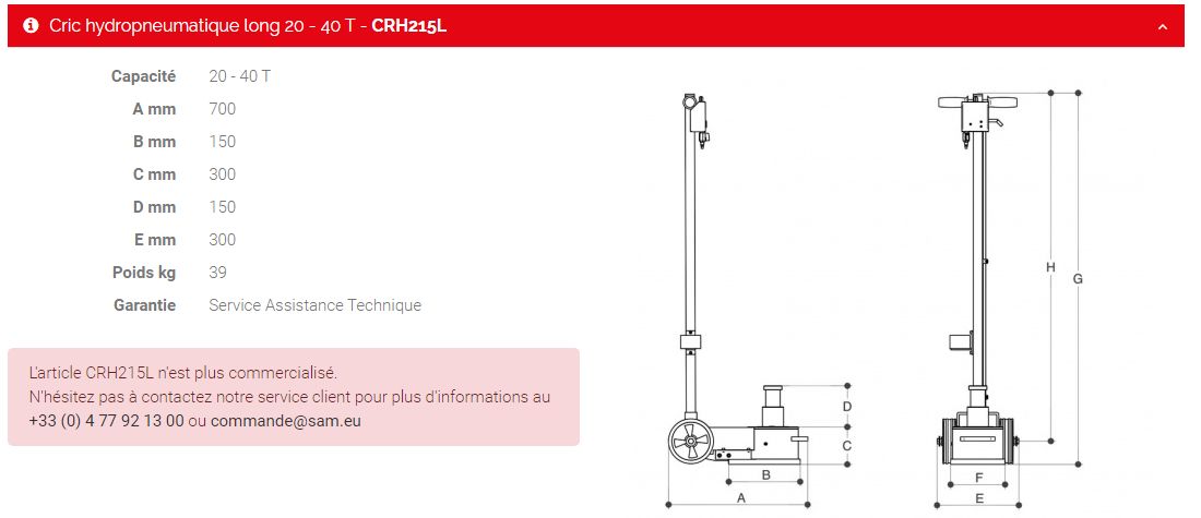 Crh215l - Cric hydropneumatique long Sam Outillage - capacité de 20 à 40 tonnes, pour véhicules lourds_1