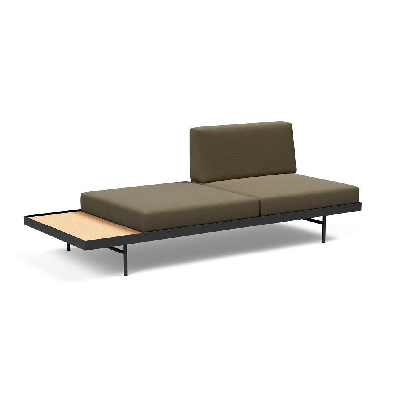 Canapé design convertible Puri - Innovation Living - 195x80 cm - Tissu Vivus Dusty Olive avec table en chêne_1