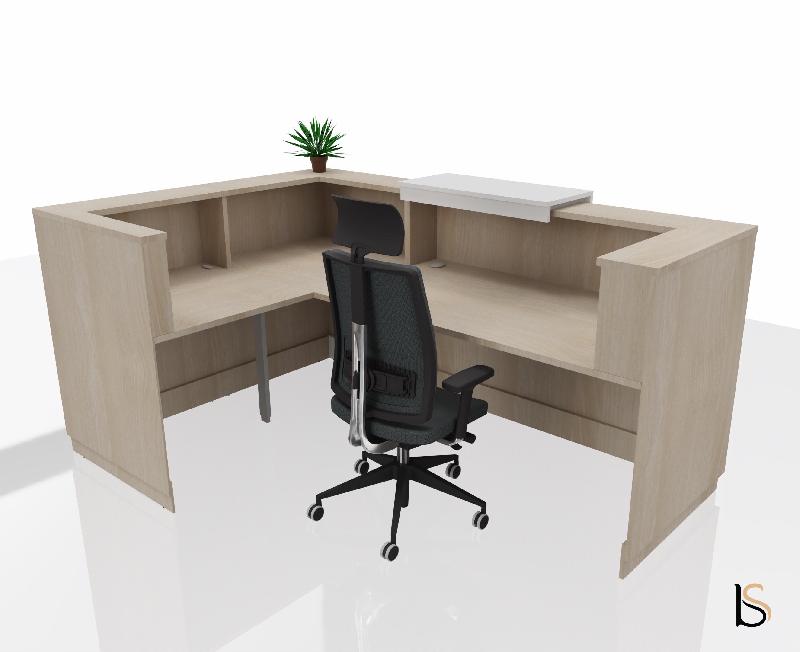 Banque d'accueil d'angle Delta Plus avec réhausse - Mobel Linea - 224, Blanc mat, Droite, Acacia clair, Oui_1