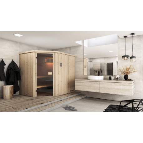 Cabine de sauna d'angle 194x144x199 avec poêle HARVIA VEGA 8KW - Commande déportée_1
