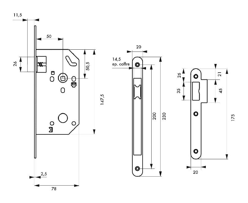 Serrure à encastrer pour porte intérieure Monomax NF - Têtère acier nickelé, carré 7 mm, réversible sans démontage_1