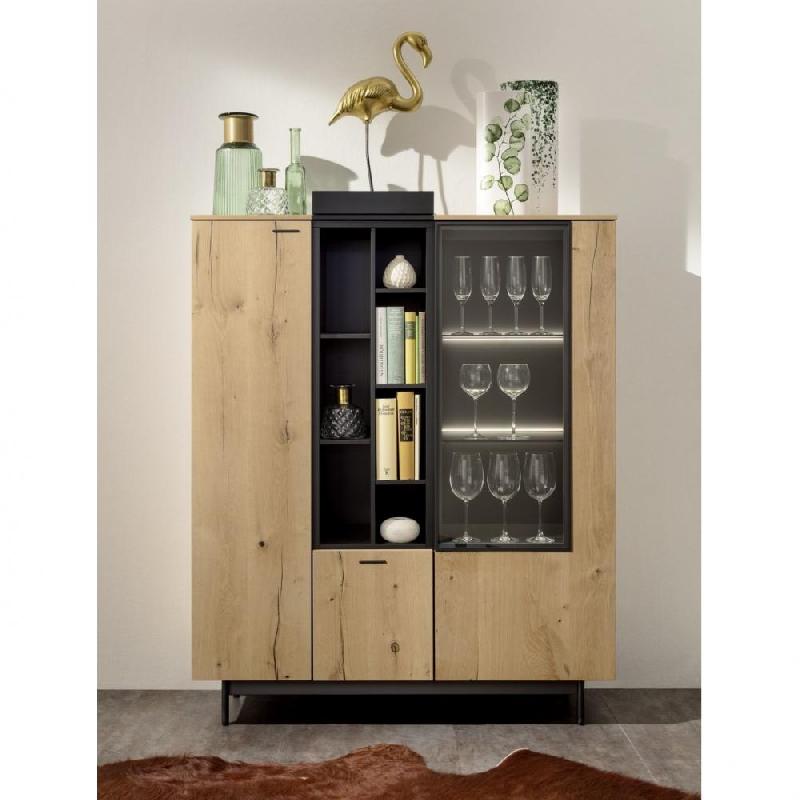 Buffet haut design en chêne naturel - 2 portes, 1 tiroir, intérieur anthracite laqué, vitre en verre_1