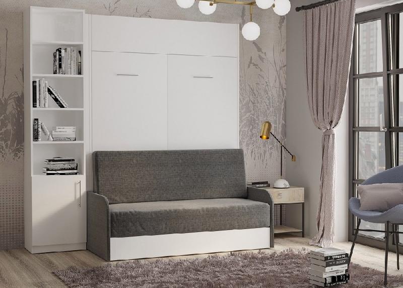 Composition lit escamotable Dynamo Sofa - Blanc mat - Canapé accoudoirs gris avec colonne bibliothèque 140x200 cm_1