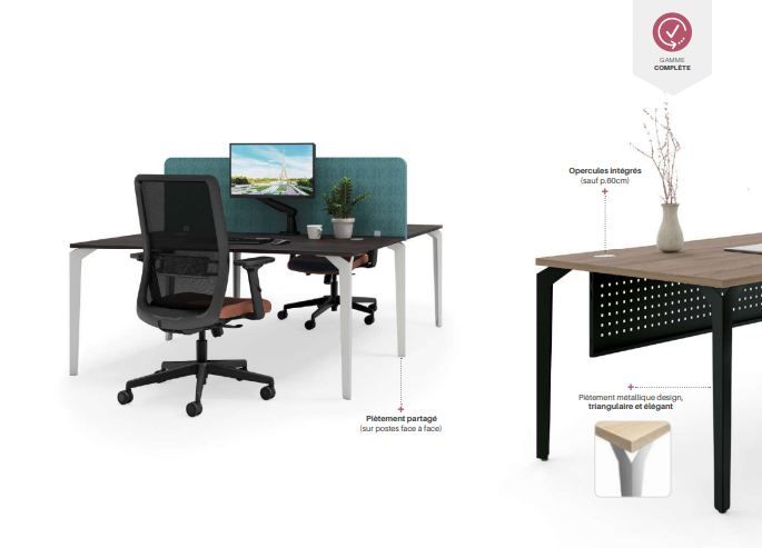 Bureau design fixe et classique pour open space - Gamme PARIS avec piètement métallique triangulaire et plateau mélaminé 25 mm_1