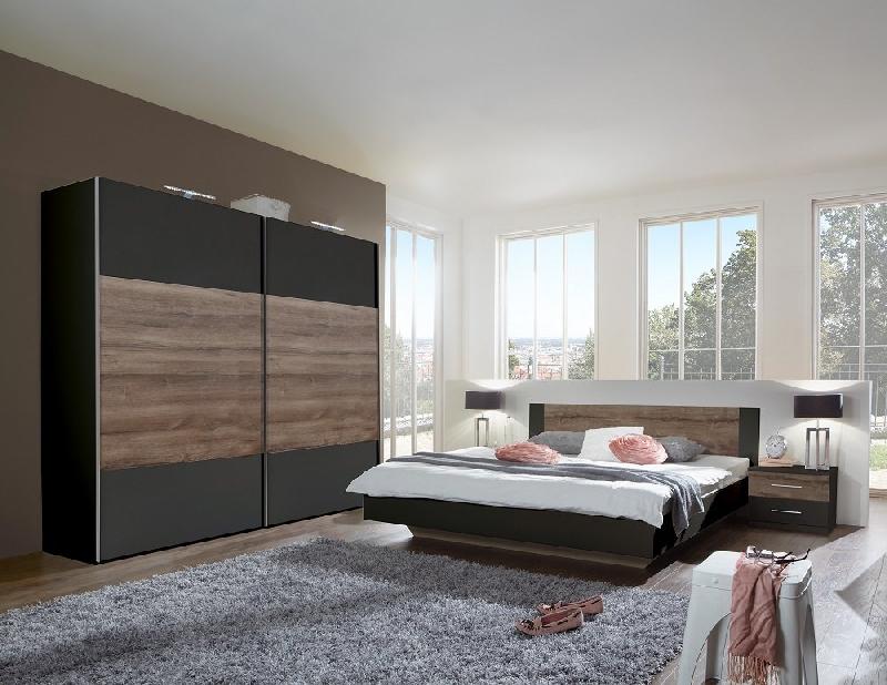 Lit design EVA - Couchage 180 x 200 cm - Coloris graphite et rechampis imitation chêne châtaigne_1