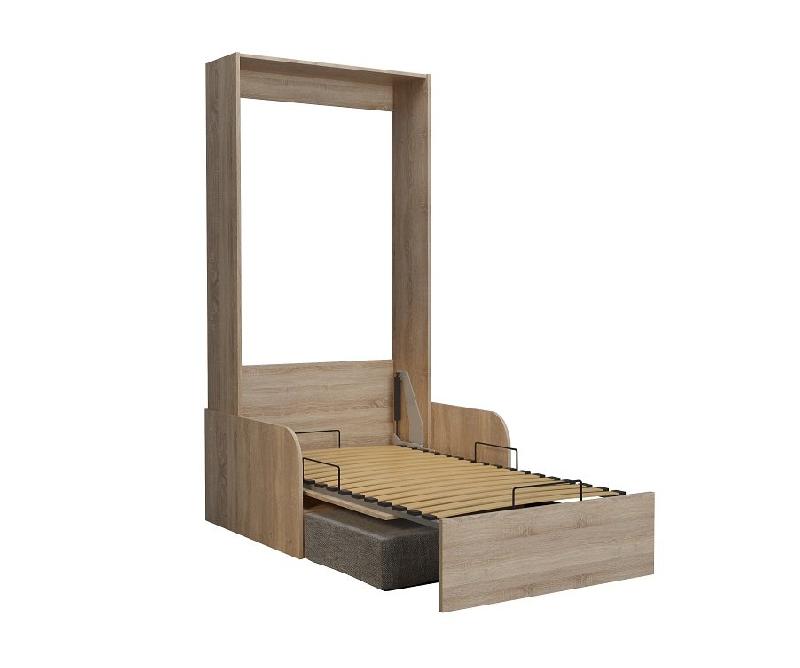 Armoire lit escamotable Dynamo Sofa - Canapé accoudoirs chêne naturel - Tissu gris - Couchage 90x200 cm_1