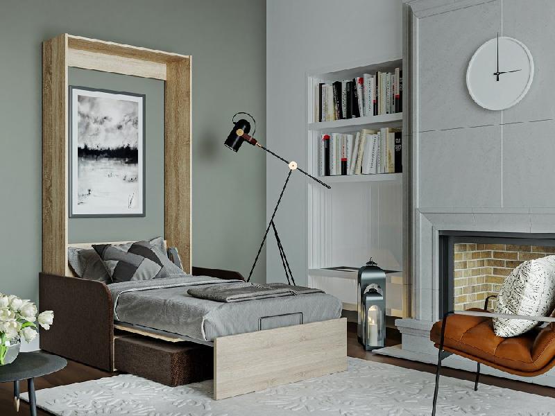 Armoire lit escamotable Dynamo Sofa - chêne, canapé tissu marron avec accoudoirs - couchage 90x200 cm_1