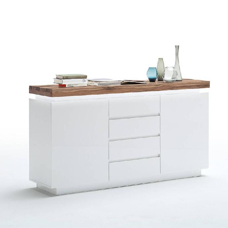 Buffet Romina - 2 portes, 4 tiroirs, laqué blanc mat avec plateau chêne noueux huilé et éclairage LED intégré_1