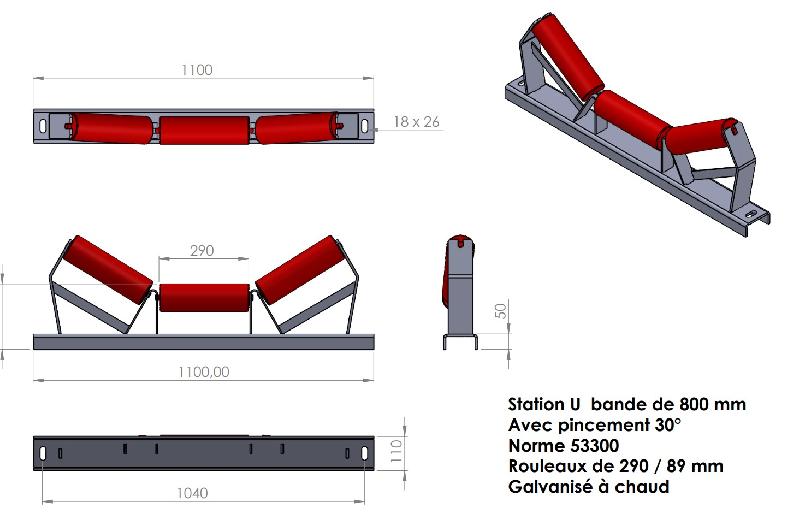 Support de rouleaux pour convoyeur à bande - 3 rouleaux inclinés - Plusieurs dimensions et finitions_1