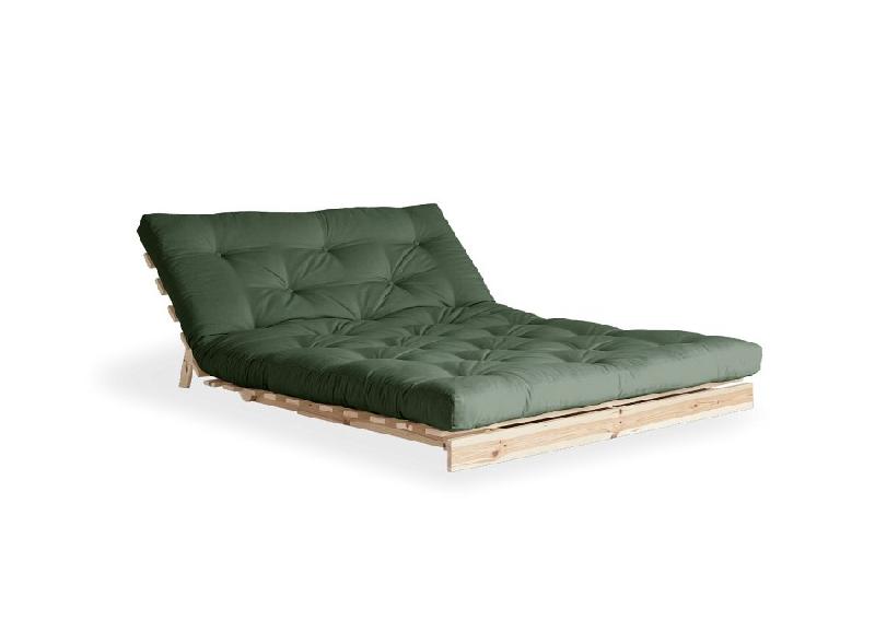 Canapé convertible futon ROOTS - Pin naturel - Tissu vert olive - Couchage 160x200 cm - Design japonais et scandinave_1
