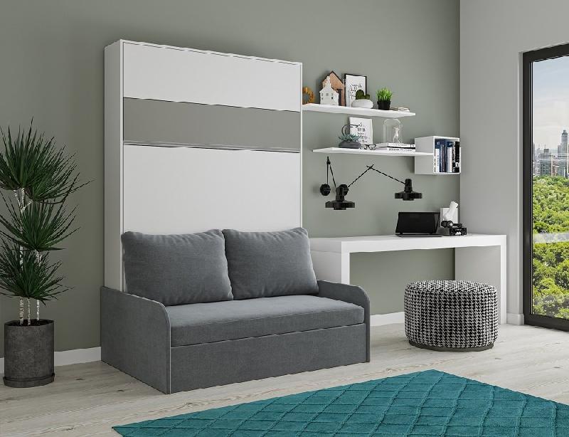 Armoire lit escamotable Bermudes Sofa blanc - bandeau gris - canapé gris 140x200 cm avec rangement intégré_1