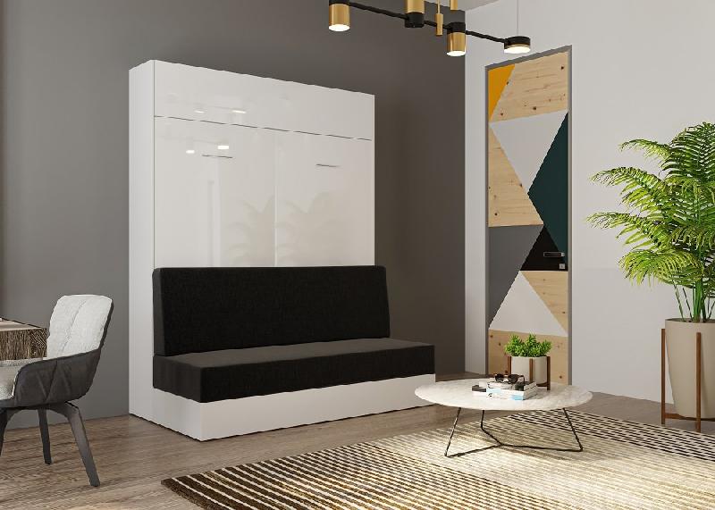 Armoire lit escamotable DYNAMO SOFA - Façade blanc brillant effet miroir - Canapé anthracite - Couchage 160x200 cm_1