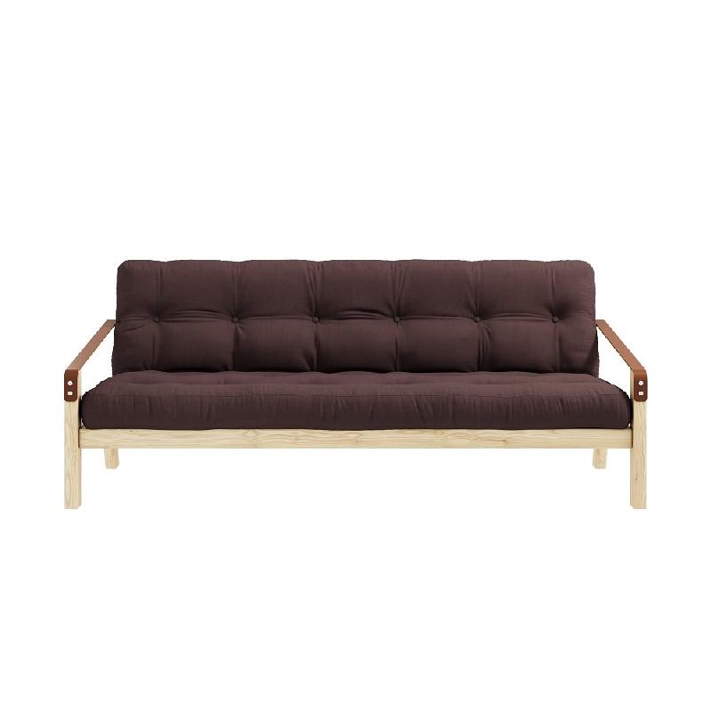 Banquette futon POETRY en pin massif coloris marron - couchage 130 x 190 cm avec accoudoirs en cuir_1