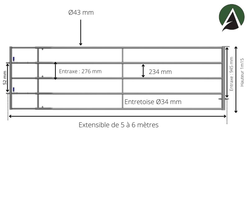 Bp45 - Barrière agricole galvanisée extensible de 4 à 5 mètres - porte de pâturage avec verrous anti-retour_1