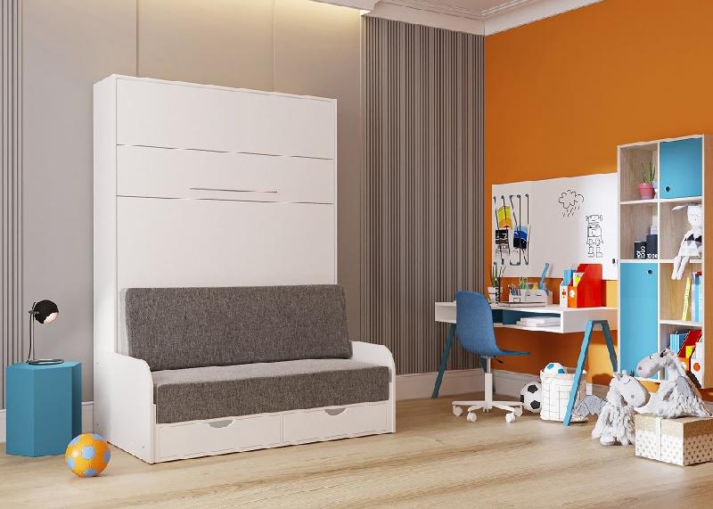 Armoire lit escamotable KOMPACT SOFA - canapé avec accoudoirs et tiroirs - blanc mat et tissu gris - couchage 160x200 cm_1