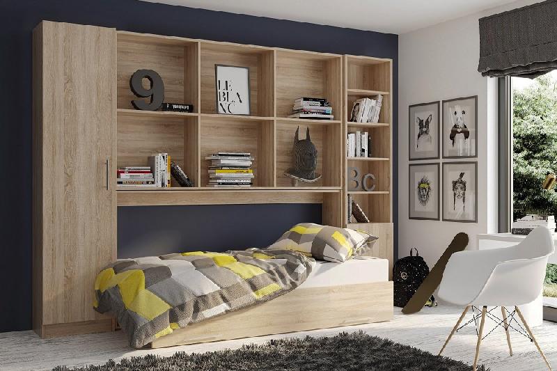 Composition lit escamotable VERTIGO chêne naturel - Largeur 311 cm - Couchage 90x200 cm - Avec colonnes de rangement_1