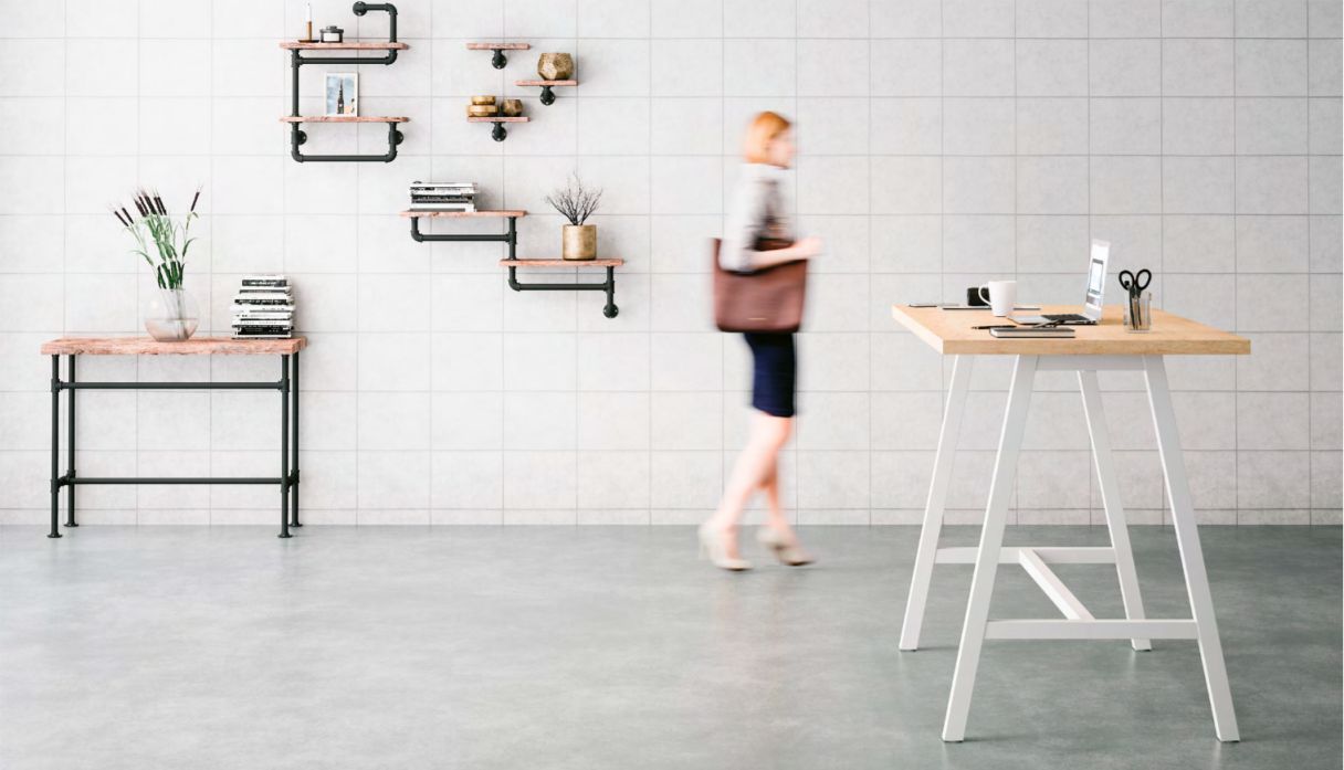 Cohésion haute table - style industriel - plateau chêne Nebraska ou Timber - piétement trapèze Blanc, Noir mat ou Brut protégé_1