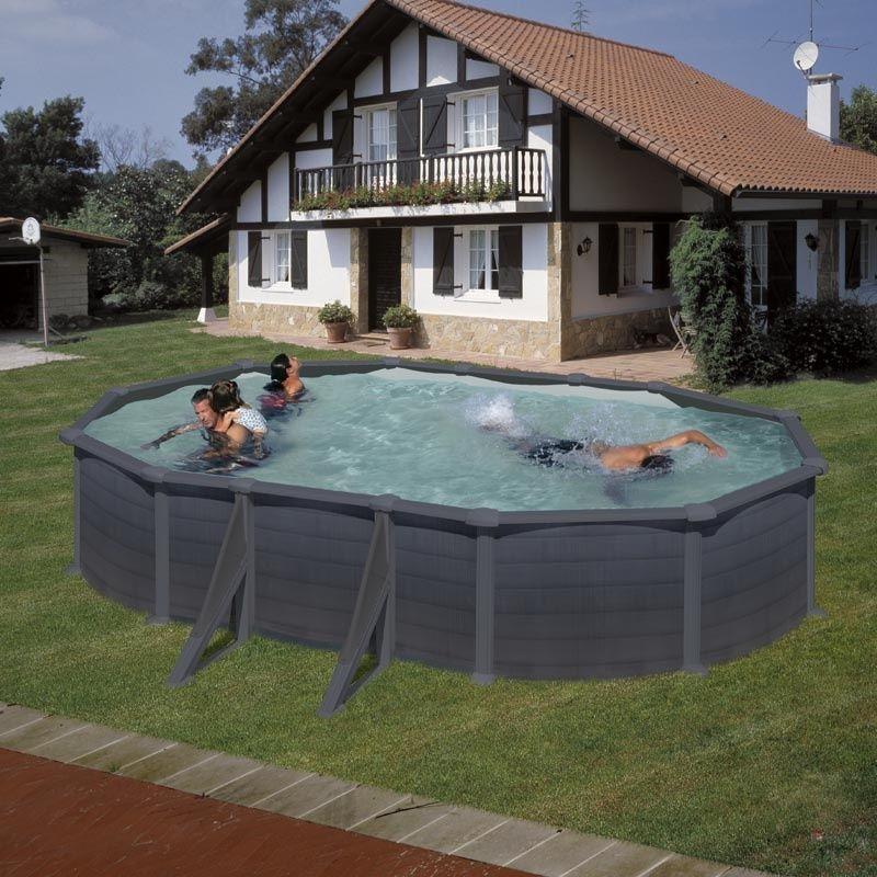 Piscine ovale en acier 6,34m x 3,99m x H 1,32m - gris anthracite - filtration à sable - renforts apparents_1
