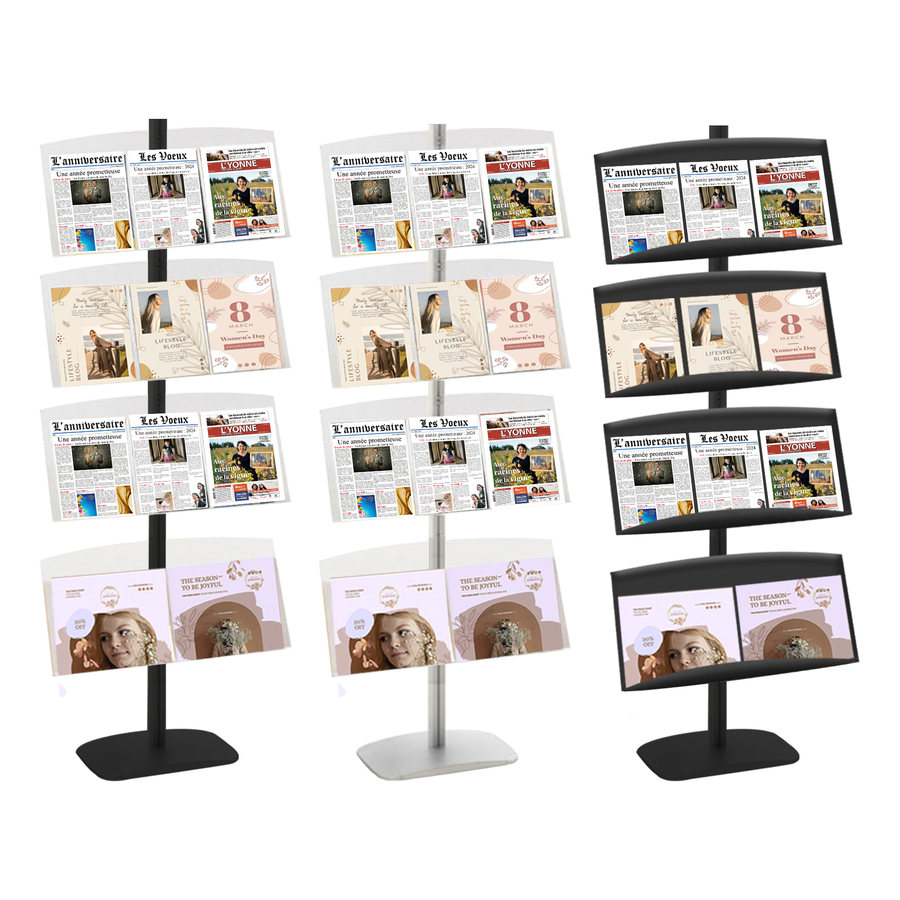 Présentoir vitrine presse H 177 cm - Gris - 4 étagères plexiglass - Réf : 214174_0