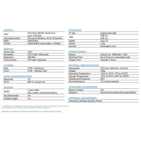 Tablette contrôleur de terrain robuste Stonex SRT10W - 10 pouces - Environnements d'exploitation difficiles - IP68 et norme MIL-STD_1