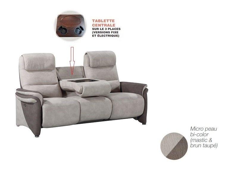 Canapé fixe 3 places Zilia - Microfibre mastic et brun taupé - Design contemporain avec tablette centrale_1