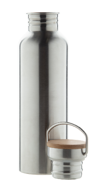 Gourde de sport en acier inoxydable - 750 ml - Couvercle en bambou - Couleur argentée_1