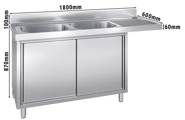 Plonge avec passage lave-vaisselle 180 x 60cm et placard - 2 cuves à gauche l50 x p40 x h25 cm_1