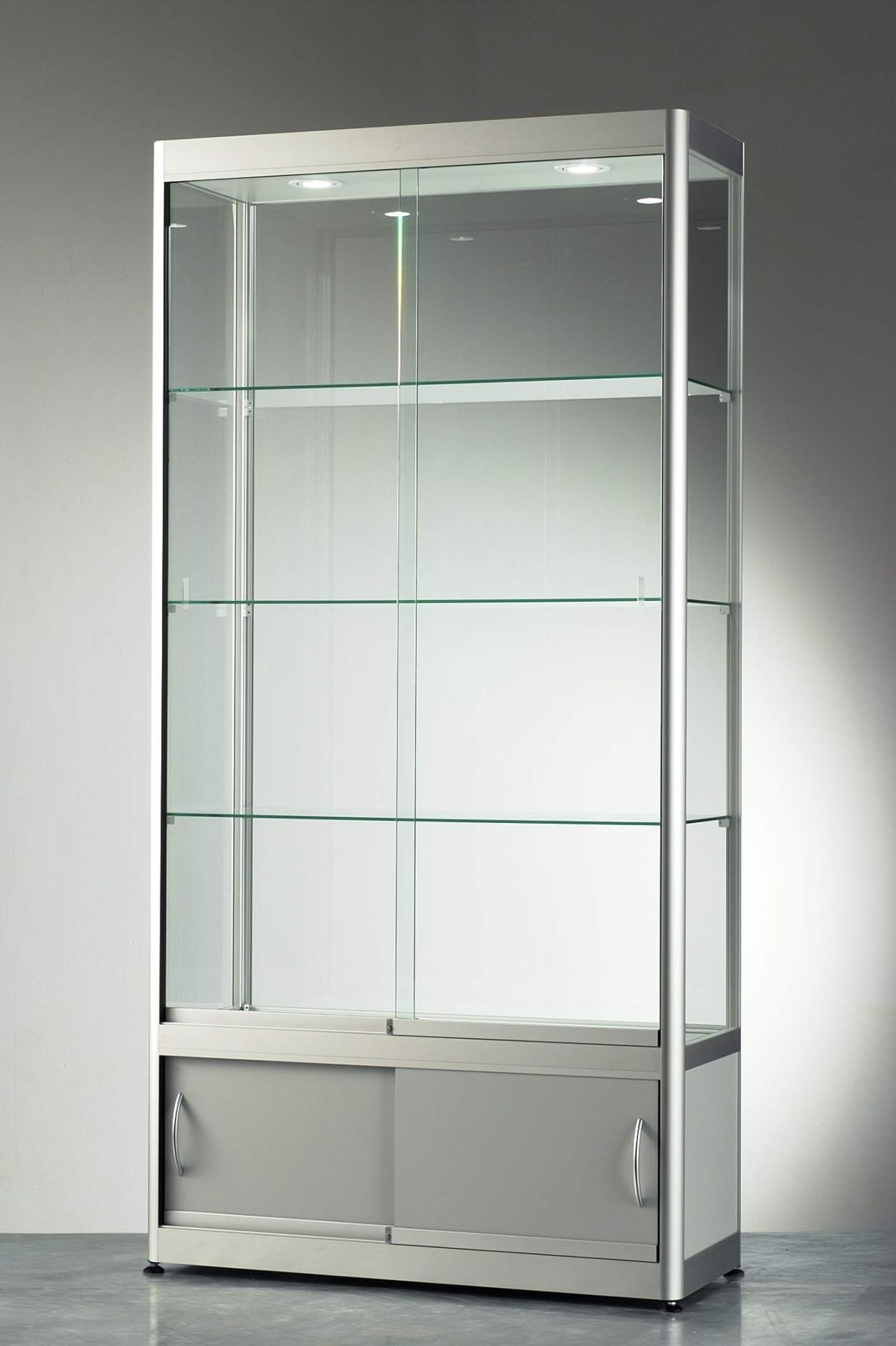 Vitrine haute argent l 100 cm avec rangement et eclairage led