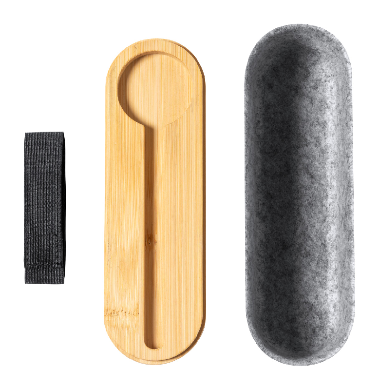 Porte-stylo en RPET - avec couvercle en bambou, sangle élastique, règle et support téléphone intégré_1