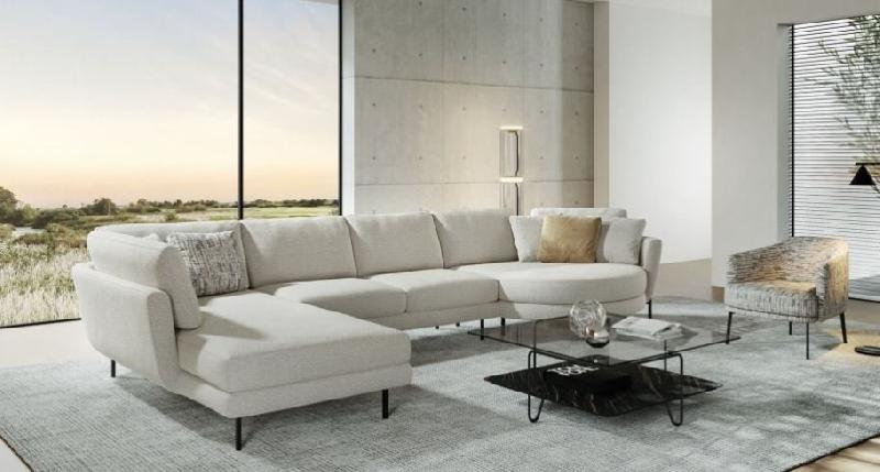 Canapé panoramique Hudson - méridienne gauche - blanc cassé - piètement acier noir - fabrication belge - confort bi-densité_1