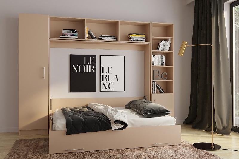 Lit escamotable VERTIGO taupe mat - Composition complète 311 cm avec couchage 160x200 cm et colonnes de rangement_1