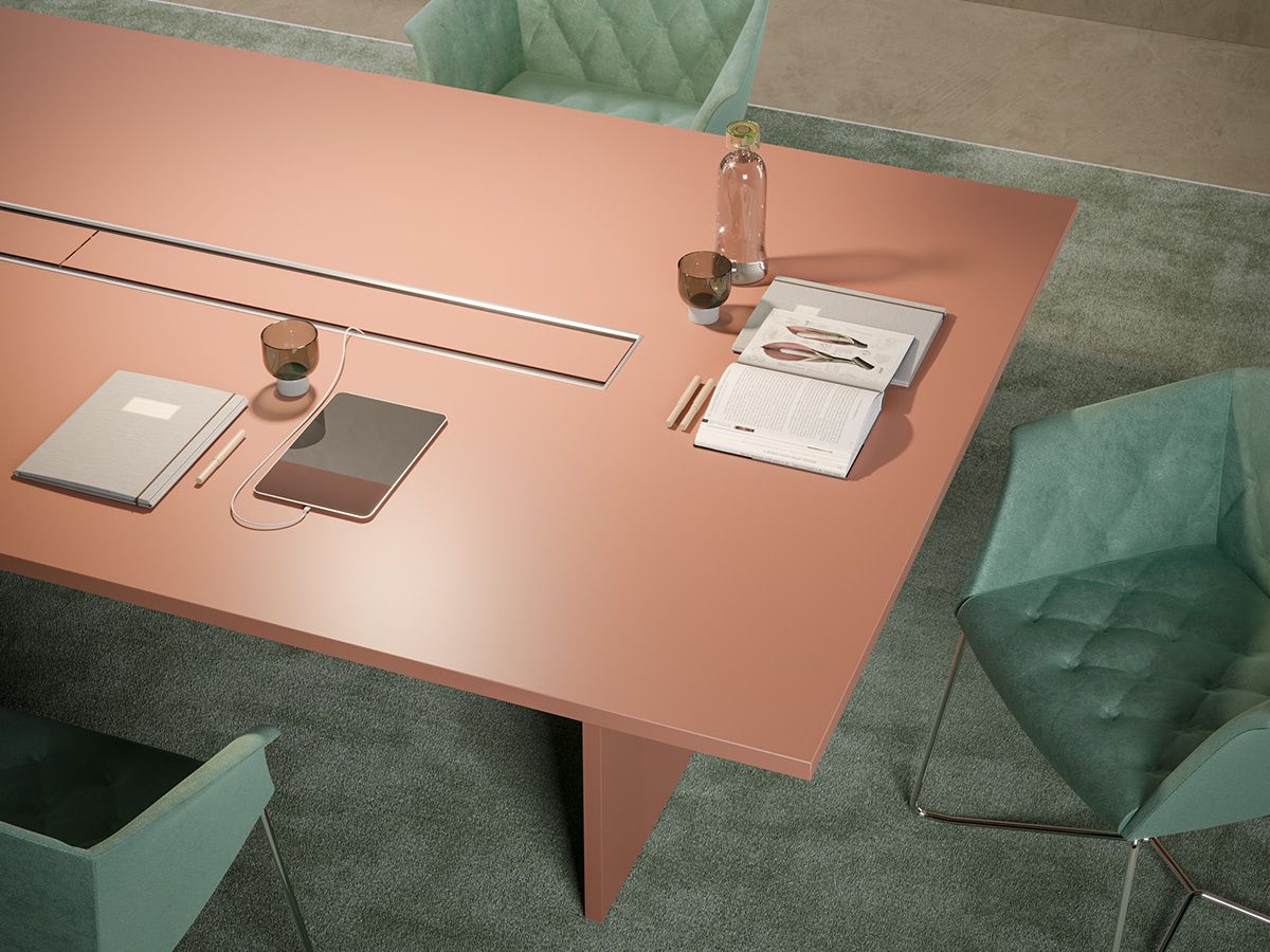 Table de réunion rectangulaire laquée FIRST - passage de câbles avec trappes top access en aluminium oxydé_1