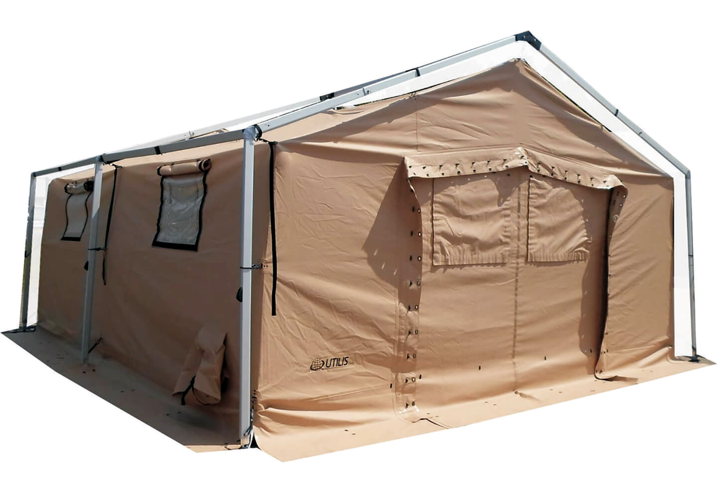 Abri militaire modulaire avec pignon amovible et parois verticales