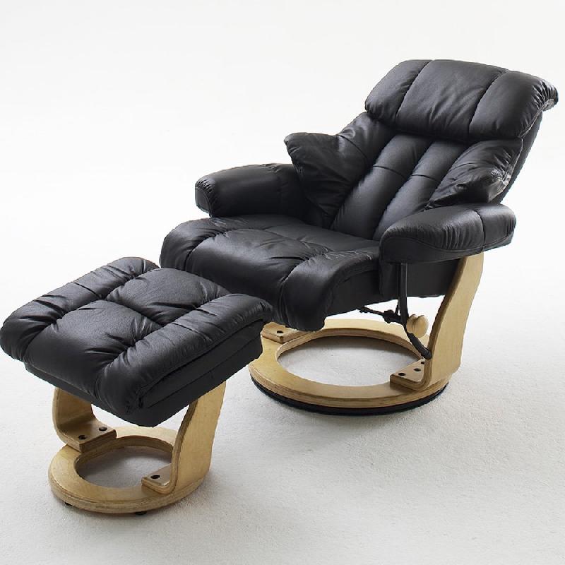 Fauteuil relax Clairac - cuir noir, pied en bois naturel avec repose-pied - inclinable 135° et pivotant 360°_1