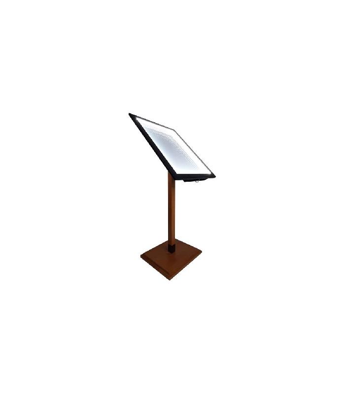 Porte menu métal sur pied en bois pour 4 feuilles A4 avec option LED et batterie 9 800 mAh - Référence : LSTF64LED-BA98_1