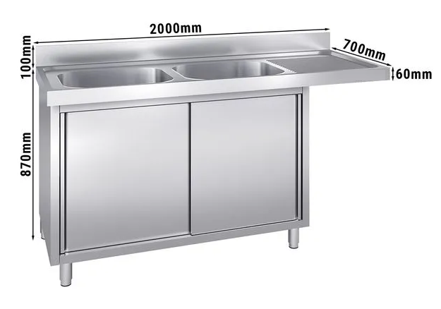 Plonge avec passage lave-vaisselle 200 x 70cm et placard - 2 cuves à gauche l60 x p50 x h30 cm_1