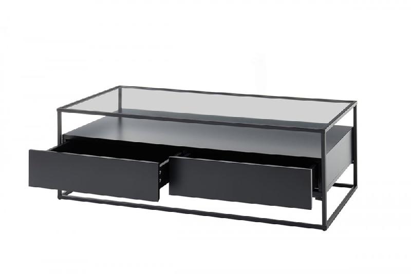 Table basse design Edmonton 120 cm - noir mat, plateau en verre trempé, piètement métal noir, 2 tiroirs_1