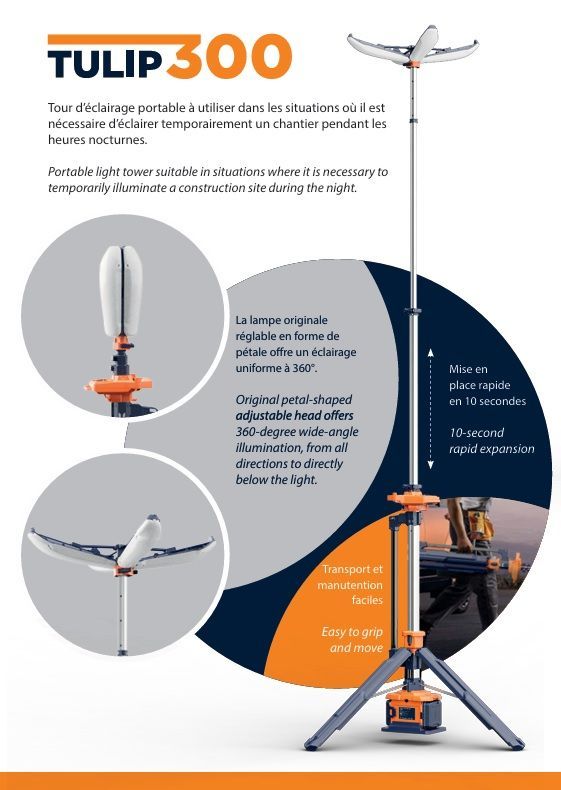 Tour d'éclairage portable de chantier - TULIP 300 - LED dimmable, batteries ou 220V, surface 2200m²_1