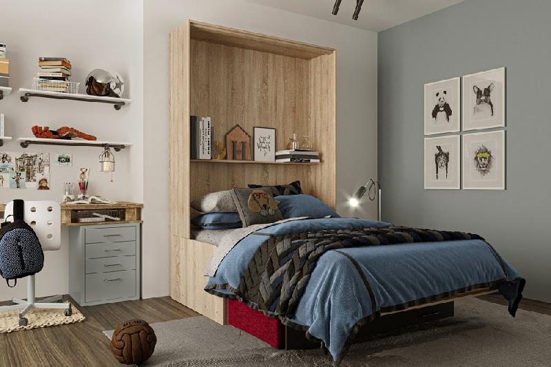 Lit escamotable industriel KEY SOFA - accoudoirs chêne, canapé avec tiroirs, tissu rouge, couchage 140x200 cm_1