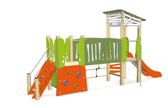 Aire de jeux multi-activités avec mât pompier et mur d'escalade