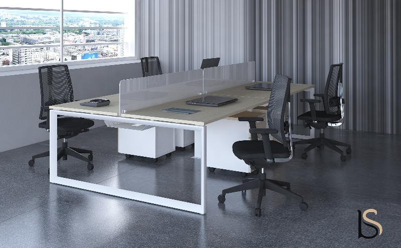 Bureau bench 4 personnes Star - Mobel Linea. - Blanc 9010, Acacia clair, 280_1