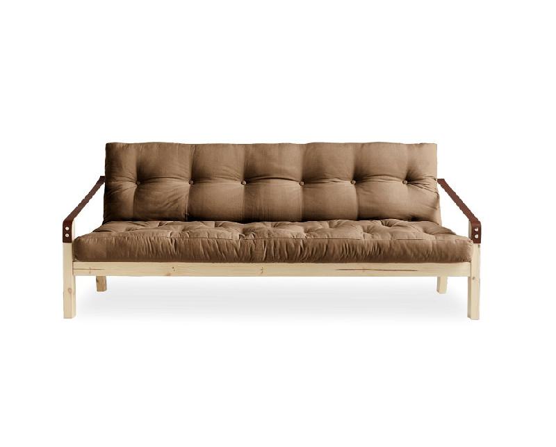Banquette futon POETRY en pin massif - Coloris mocca - Couchage 130 x 190 cm - Accoudoirs en cuir - Design scandinave_1