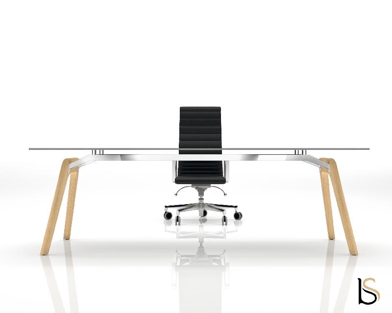 Bureau de Direction Rail en verre - Bralco. - 200, Verre transparent, Chêne naturel_1