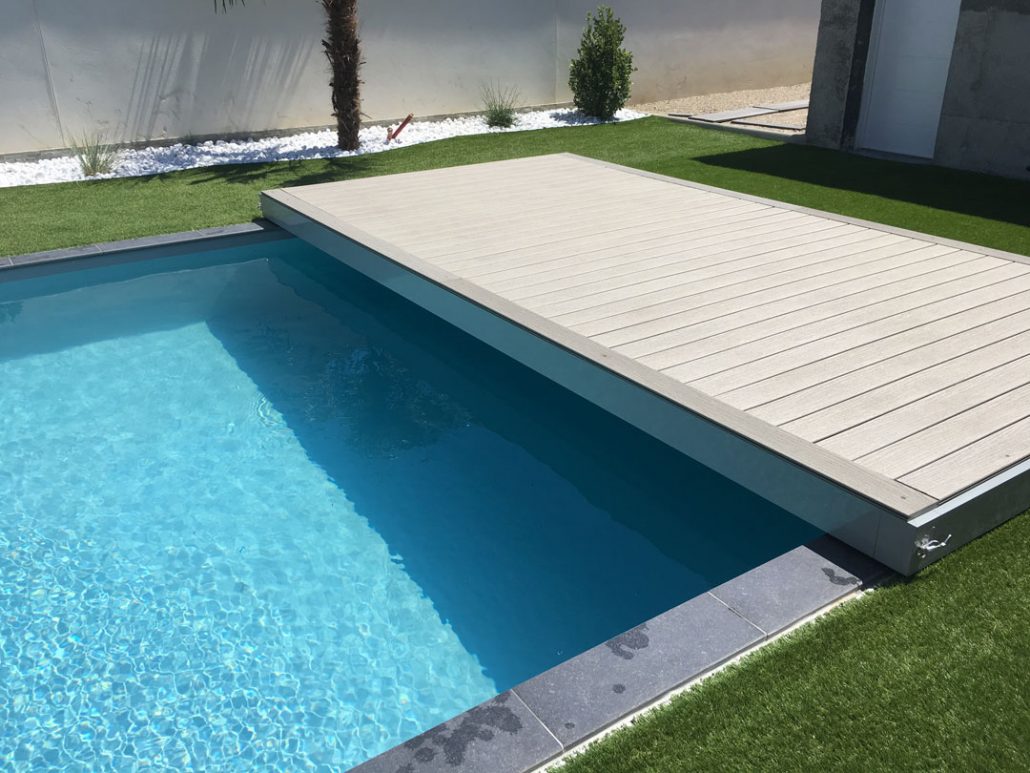 Abri piscine plat STILYS - amovible, manuel, en aluminium avec terrasse mobile sur rail_2
