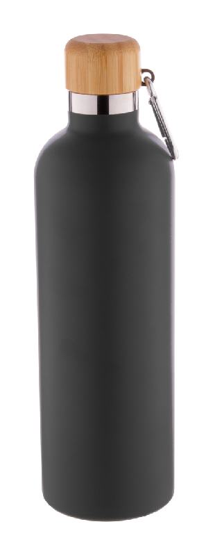 Thermos isotherme double paroi - acier inoxydable - couvercle bambou et mousqueton - 500 ml - couleur noire_1