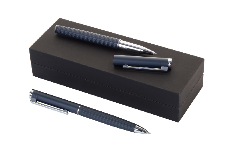 Set de stylos - Parure stylo à bille et roller en aluminium avec corps texturé - Boîte cadeau noire_1