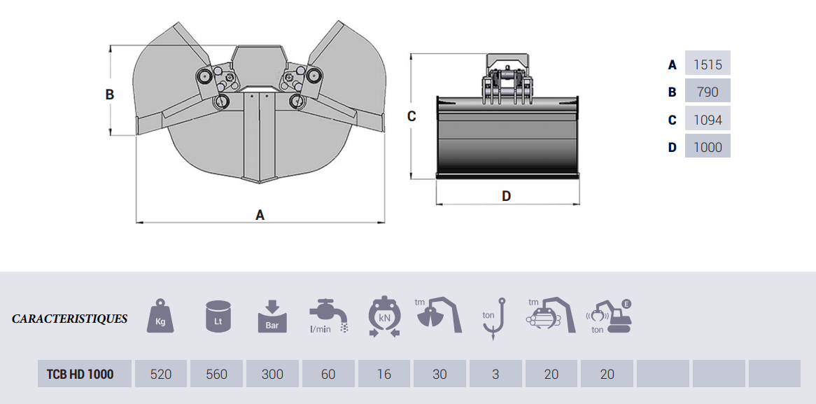 Bennes preneuses pour pelles TCB1000 HD - Intermercato - Ouverture 1,51 m - Poids 520 kg - Pour pelles jusqu'à 20 t en pendulaire_1