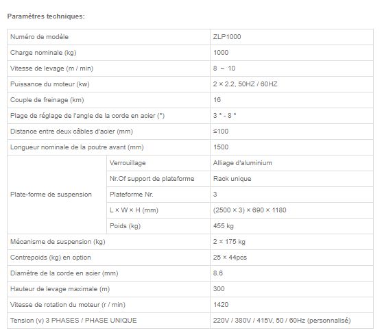 ZLP1000 - Nacelle suspendue en aluminium - Taille: 7500 x 690 x 1300 mm - Charge nominale 1000 kg - Puissance 2x2.2 kW_1