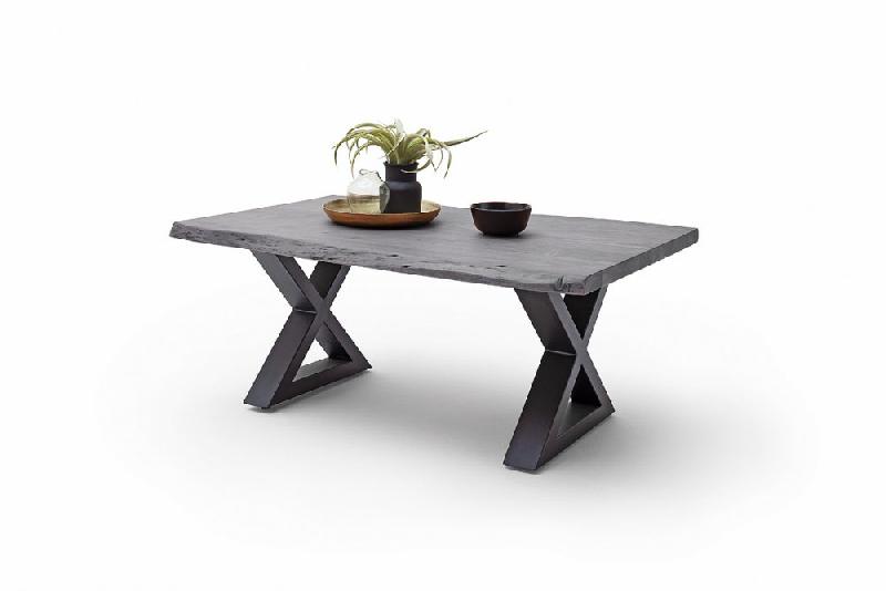 Table basse Claren - plateau 110 cm en acacia massif laqué gris - piétement en X laqué anthracite_1