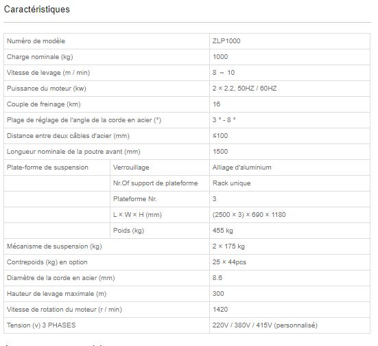 ZLP1000 - Nacelle suspendue - SUCCESS - capacité 1000kg avec corde en acier 8.6mm_1